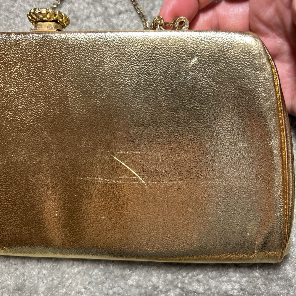 Vintage Gold Metallic Clutch Purse Evening Bag Chain Strap Satin Lined 50’s 60’s - Picture 4 of 16